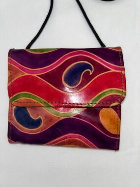 MTC Vintage 90’s Hand-Painted Leather Crossbody Tri-fold Wallet Pouch w/Mirror